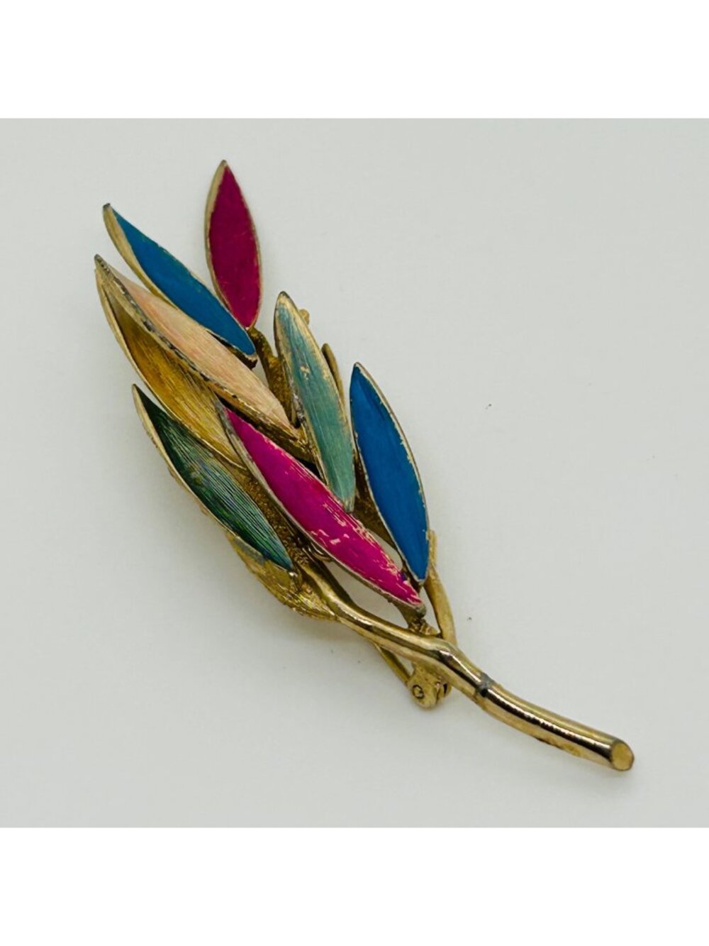 Kramer Signed Brooch Multicolor Enamel Bamboo Leaf Spray Gold Tone Vintage